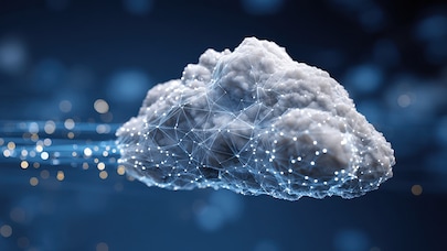 Digital cloud computing concept showing a connected cloud with data network nodes, symbolizing storage and AI technology.