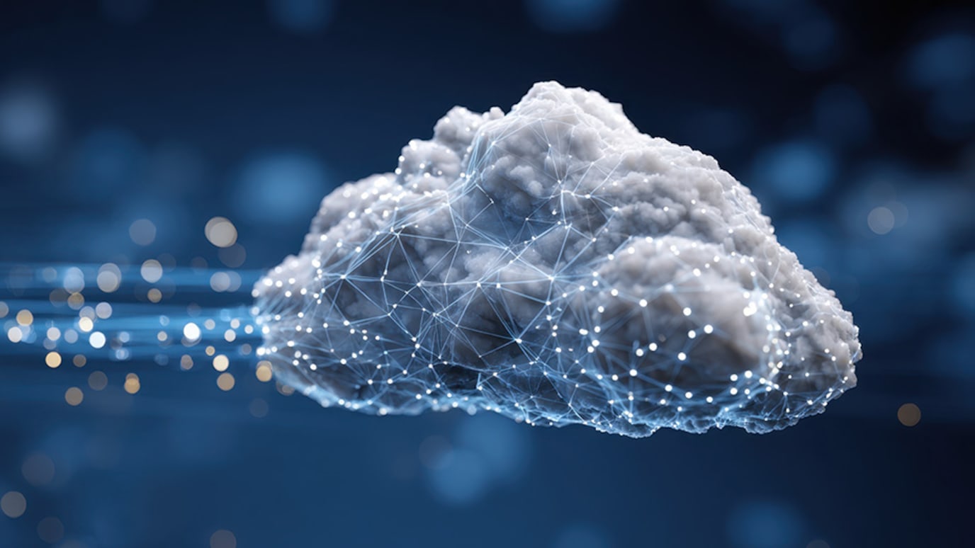 Digital cloud computing concept showing a connected cloud with data network nodes, symbolizing storage and AI technology.