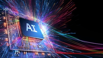 Silicon chip marked 'AI' on circuit baord
