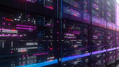 Modern data center with glowing servers and neon lights showcasing cloud computing, big data storage, and digital infrastructure.