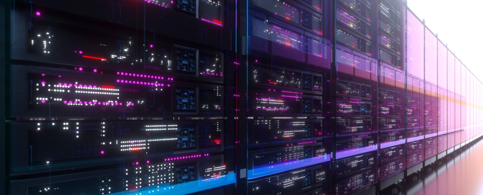 Modern data center with glowing servers and neon lights showcasing cloud computing, big data storage, and digital infrastructure.