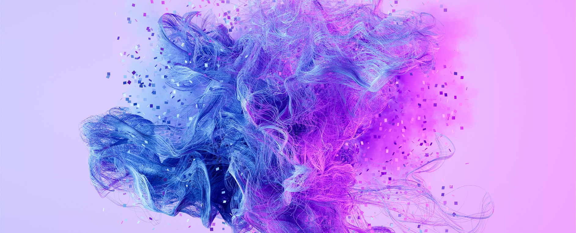 Abstract digital art with flowing blue and purple fibers and confetti, symbolizing creativity, innovation, and data visualization.