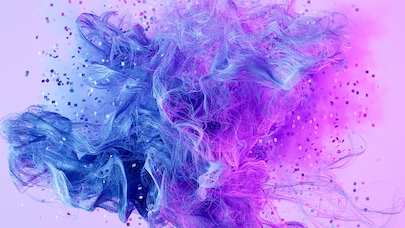 Abstract digital art with flowing blue and purple fibers and confetti, symbolizing creativity, innovation, and data visualization.