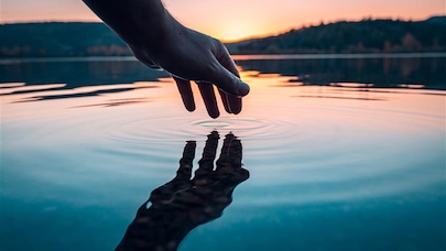Hand touching calm lake water at sunset, creating ripples with reflection, symbolizing nature, balance, and connection.
