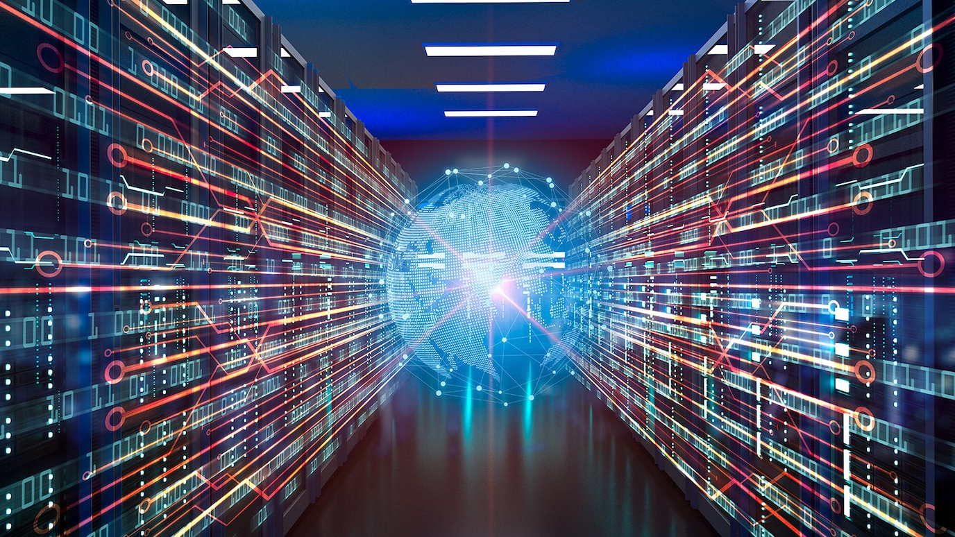 Illustration of server racks with globe overlaid