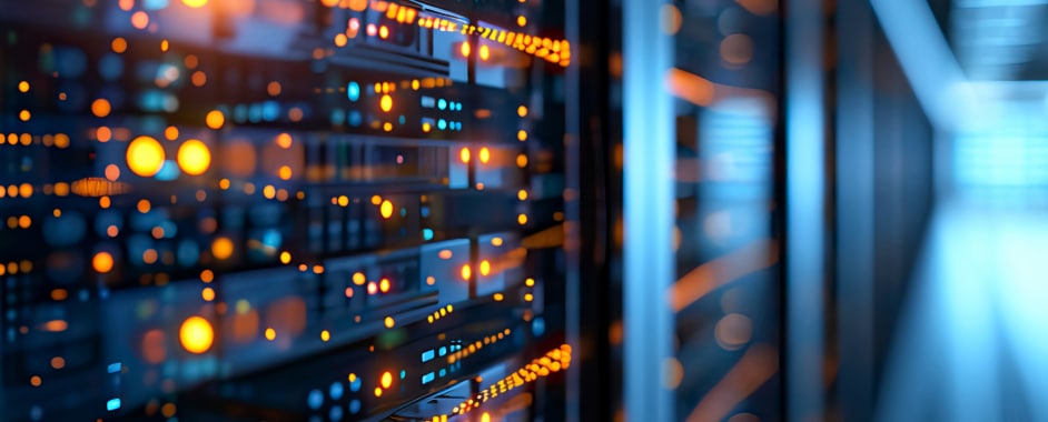 Close-up of illuminated server racks in a modern data center, showcasing cloud computing and secure digital infrastructure.