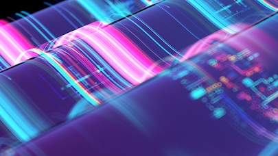 Abstract digital wave with neon pink and blue light trails over circuits, symbolizing data, AI, and futuristic technology.