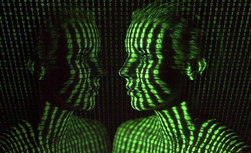 Digital art of human faces with binary code projection, symbolizing AI, data, and technology in a futuristic theme.