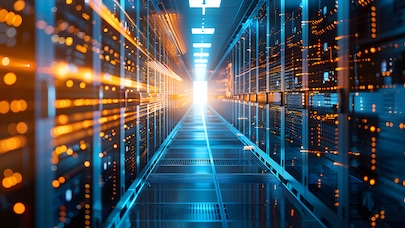 Data center server racks either side of corridor