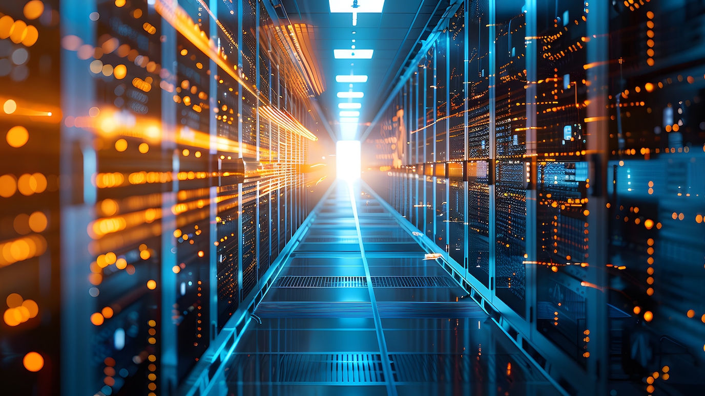 Data center server racks either side of corridor