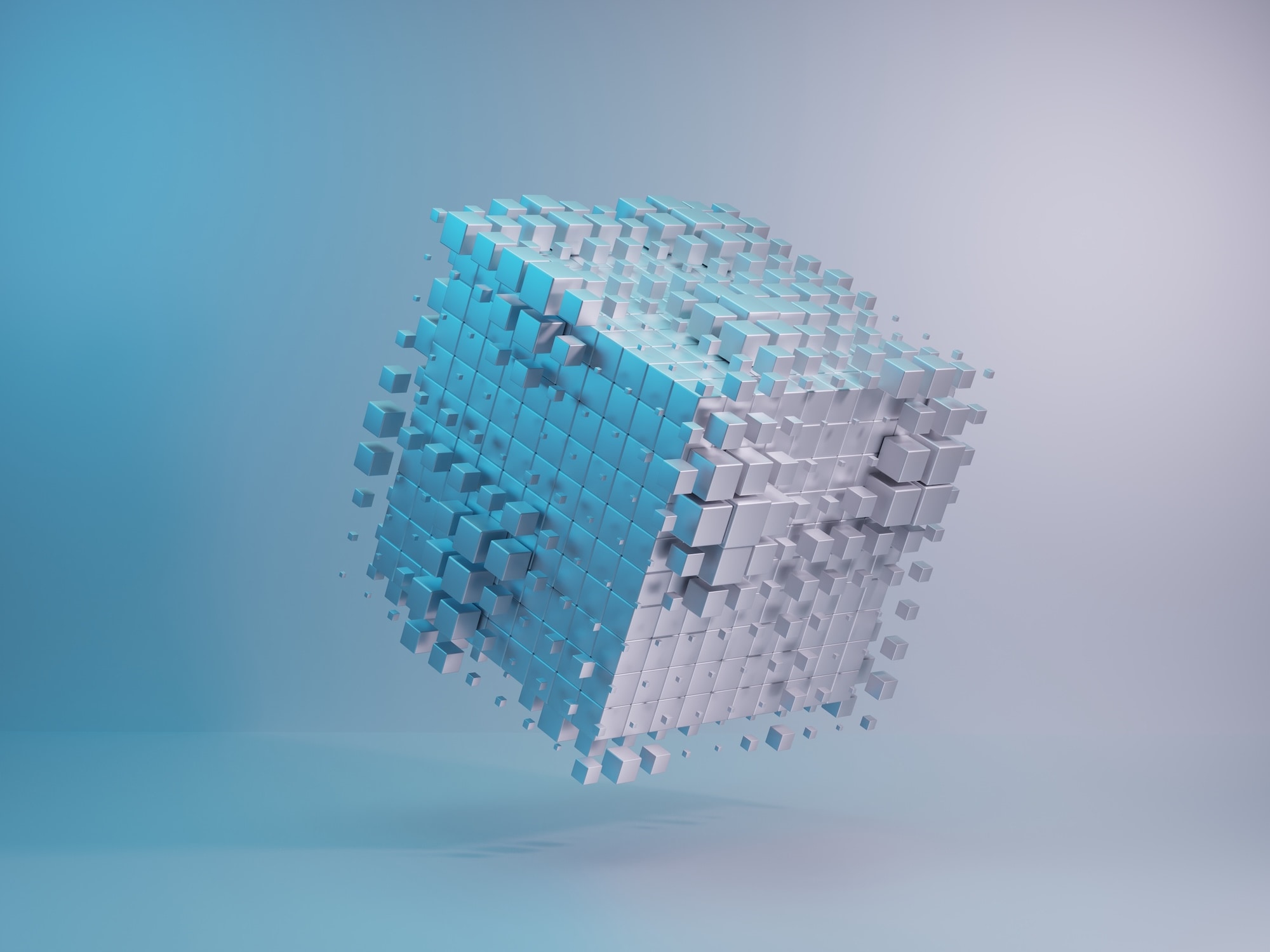 3D abstract cube made of small blue and white blocks floating in space, symbolizing data, AI, and digital transformation.
