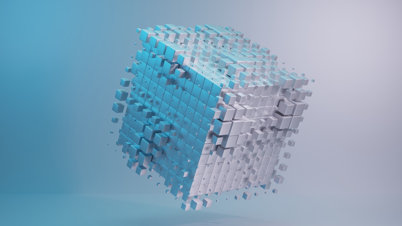 3D abstract cube made of small blue and white blocks floating in space, symbolizing data, AI, and digital transformation.