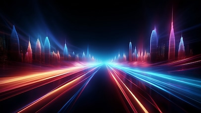 Futuristic cityscape with colorful light trails and glowing skyscrapers in blue and red tones at night.