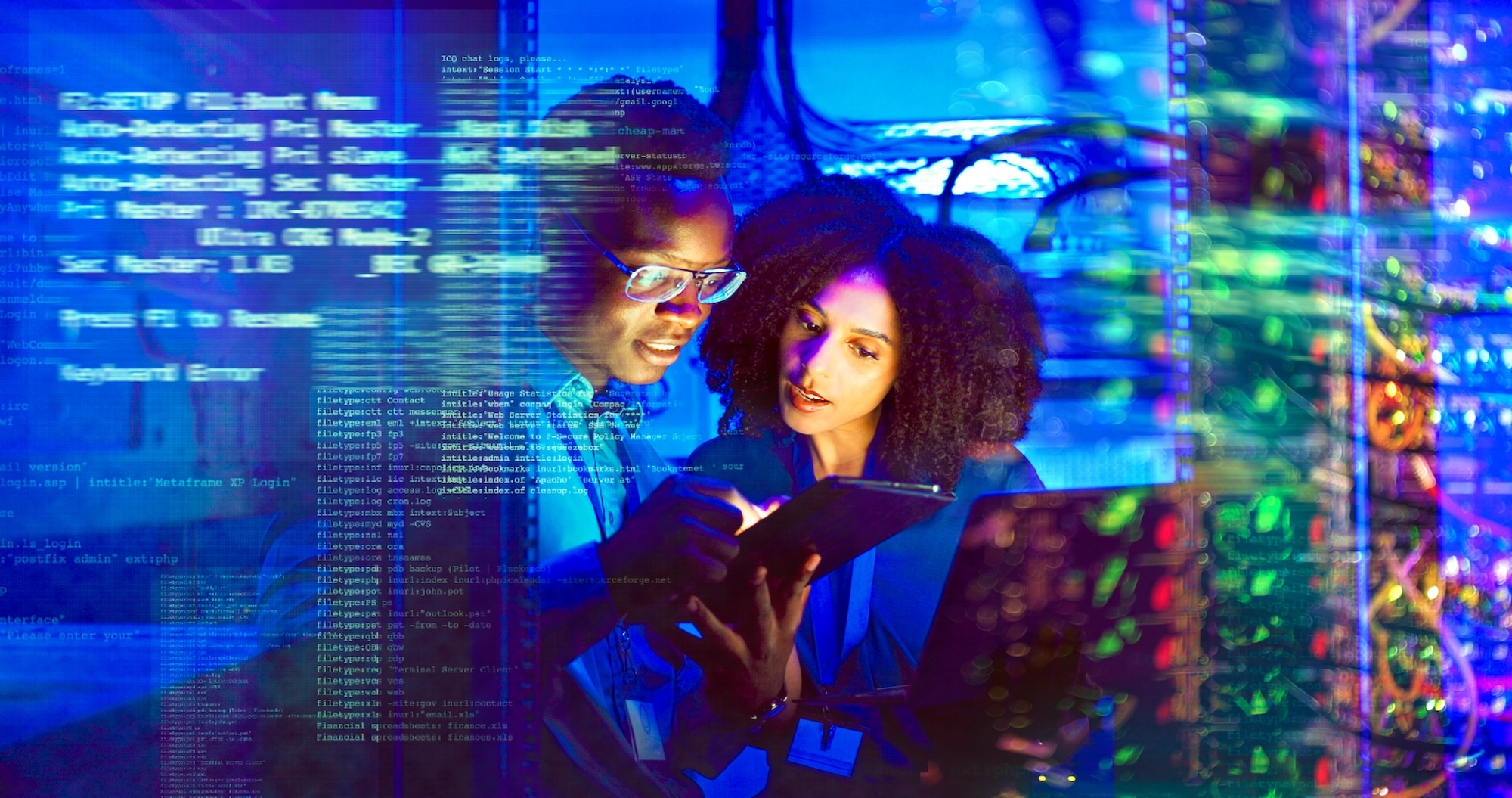 Two IT professionals reviewing data on a tablet in a server room with digital code overlays and network equipment.