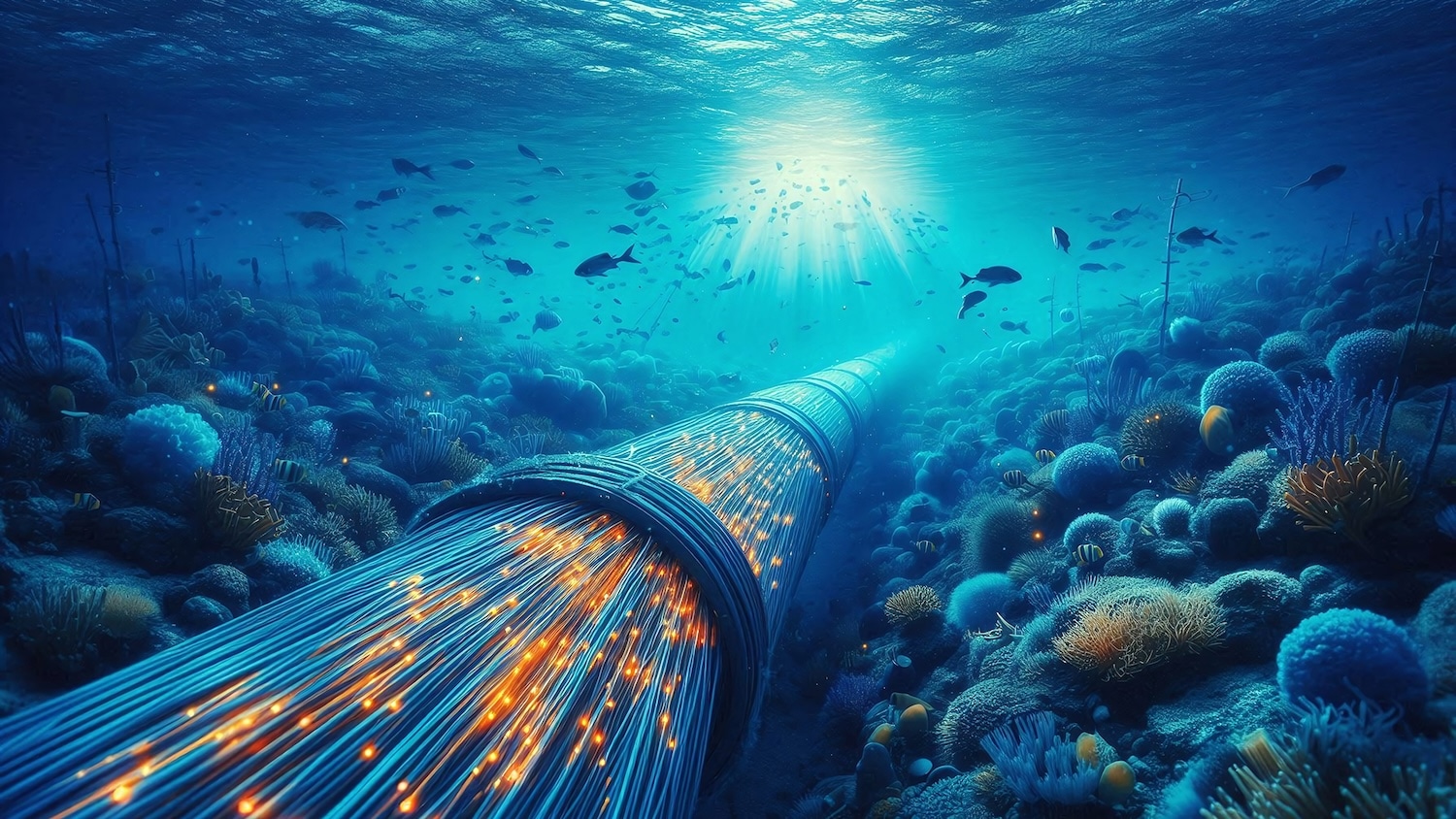 Underwater fiber optic cable glowing with data signals beneath the ocean, surrounded by coral reef and marine life.