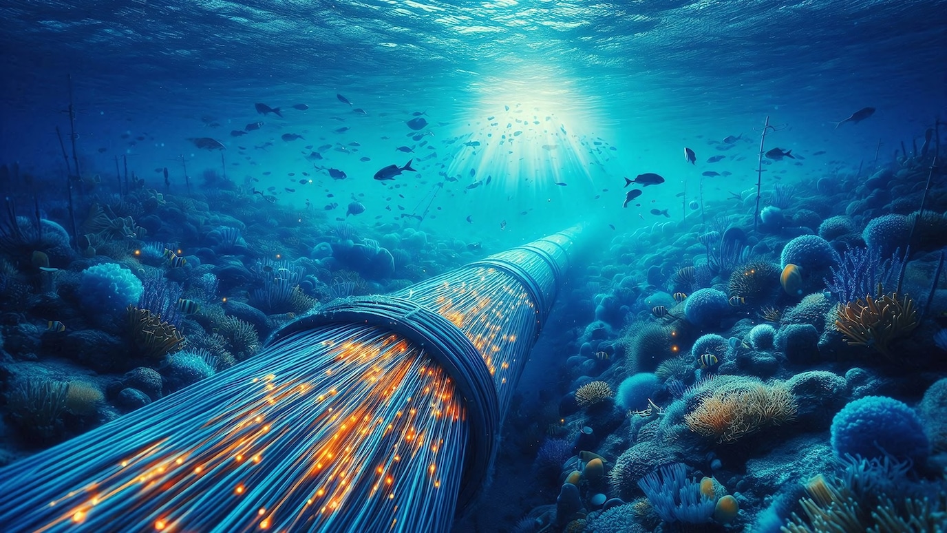 Underwater fiber optic cable glowing with data signals beneath the ocean, surrounded by coral reef and marine life.