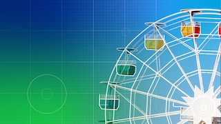 Ferris wheel with green and blue background with geometric shapes