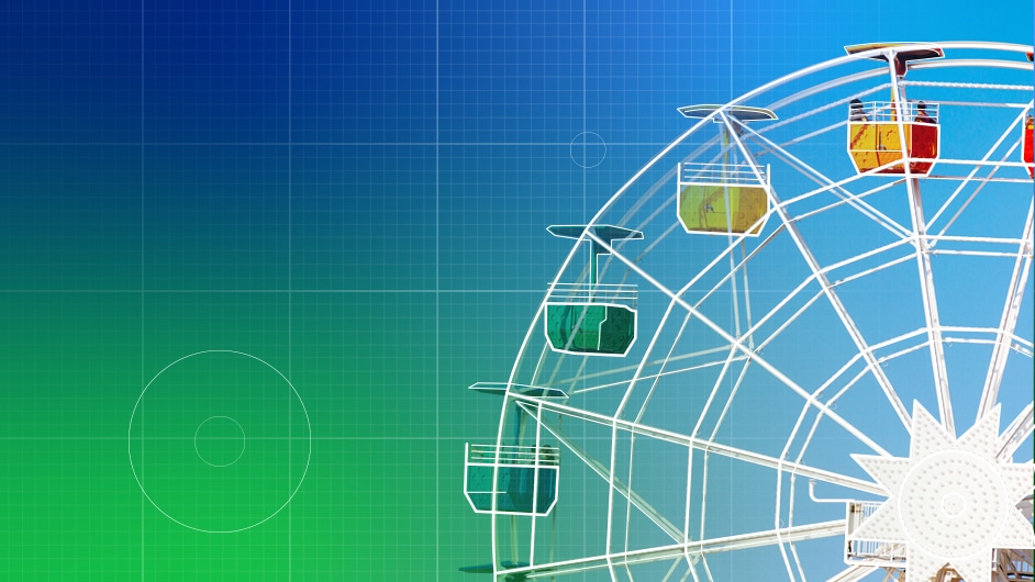 Ferris wheel with green and blue background with geometric shapes