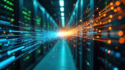 Blue and orange sparks in a server room as a background