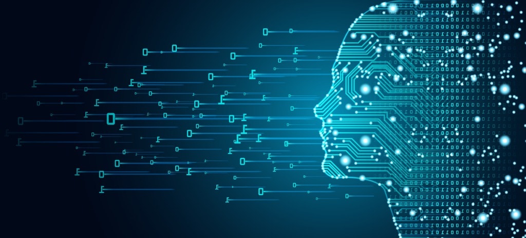 Digital illustration of a human head made of circuits and binary code representing artificial intelligence and data flow.