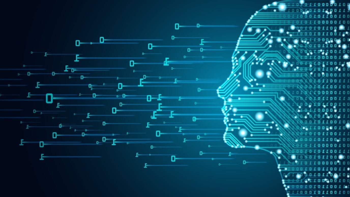 Digital illustration of a human head made of circuits and binary code representing artificial intelligence and data flow.