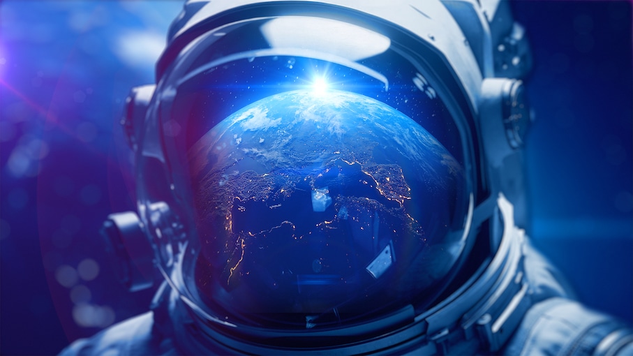 The Earth reflected in an astronaut's visor