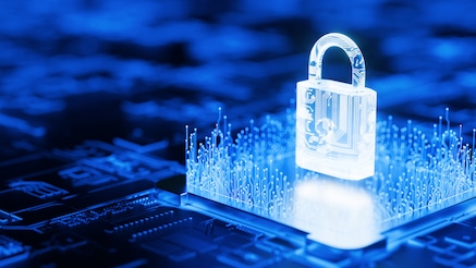 Illustration of padlock covered in circuitry above a 3d circuit board