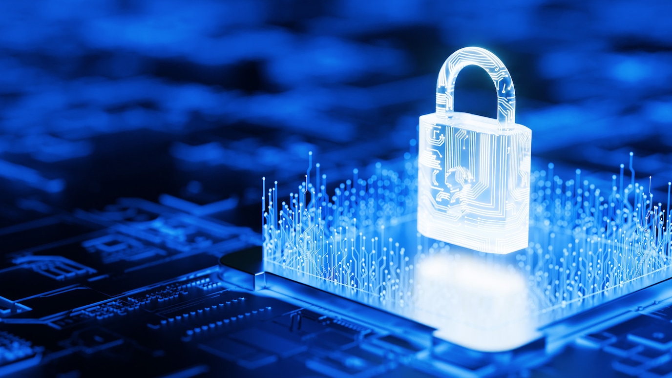 Illustration of padlock covered in circuitry above a 3d circuit board
