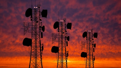 Radio towers at sunset