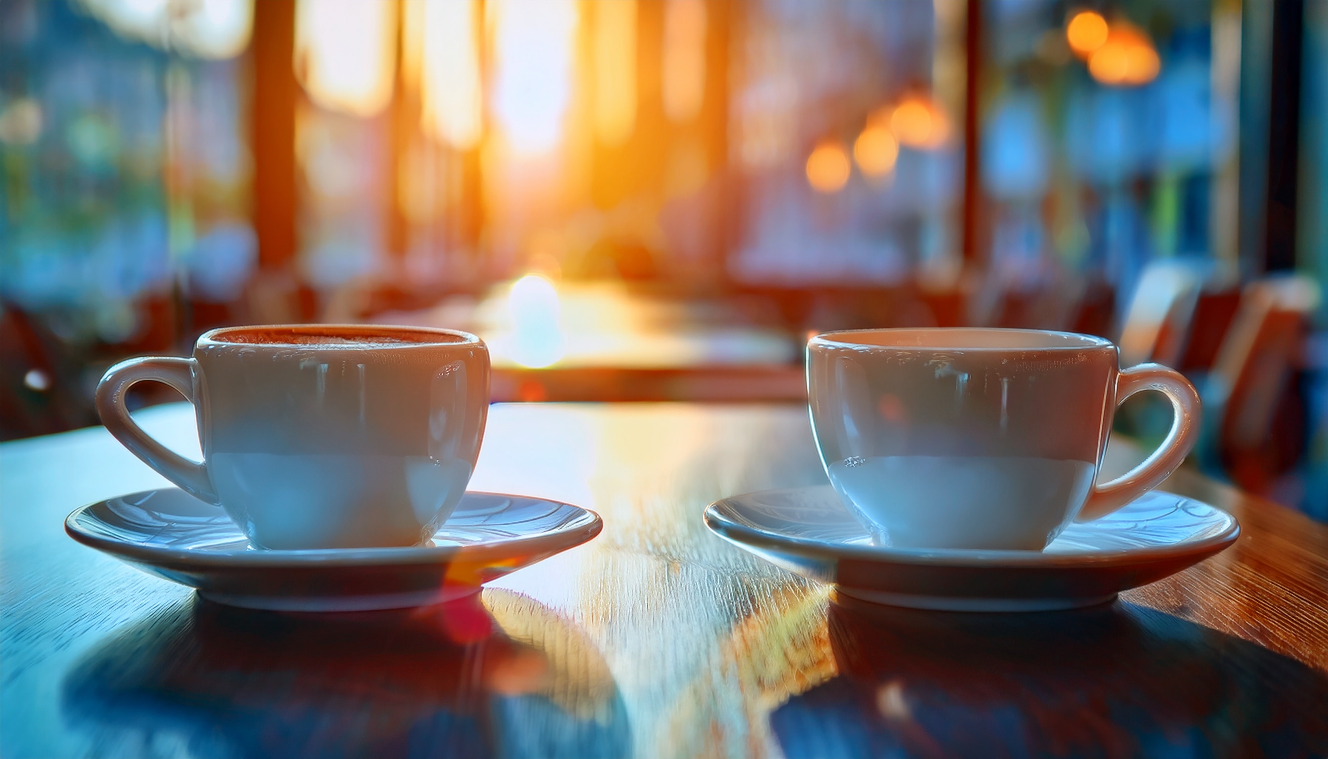 Two white coffee cups on saucers at a café table, warm sunlight streaming through windows with soft bokeh background.
