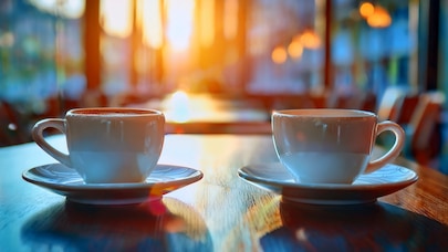 Two white coffee cups on saucers at a café table, warm sunlight streaming through windows with soft bokeh background.