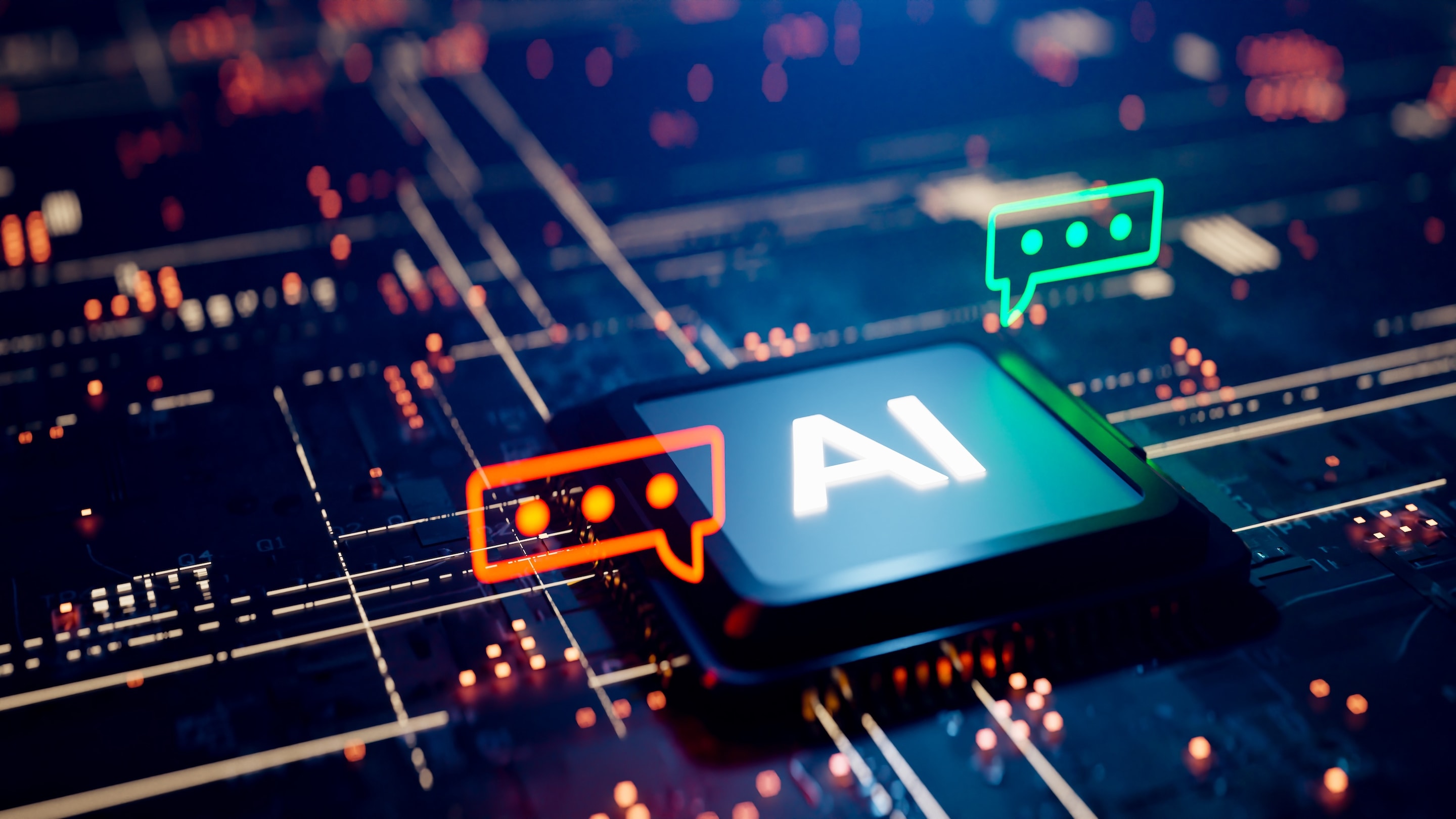 AI chip on a circuit board with glowing digital chat icons representing artificial intelligence communication