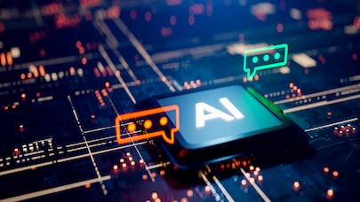 AI chip on a circuit board with glowing digital chat icons representing artificial intelligence communication