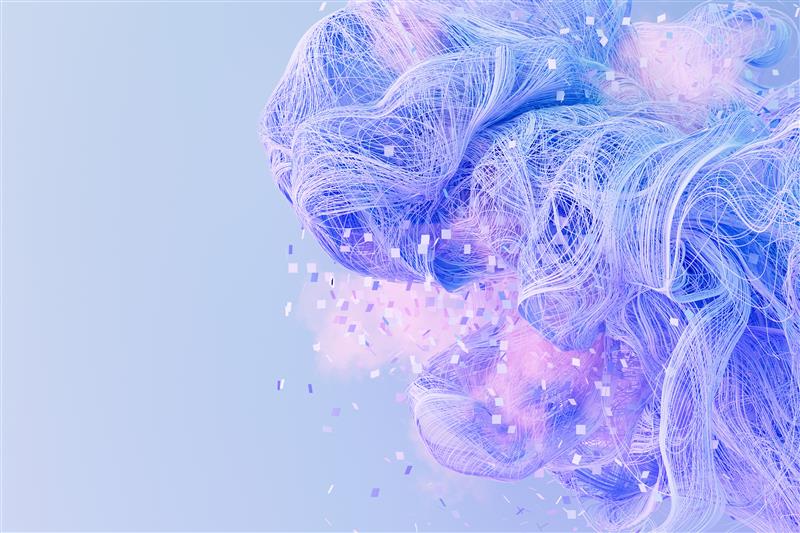 Abstract swirling pastel lines with floating confetti on a soft blue background.