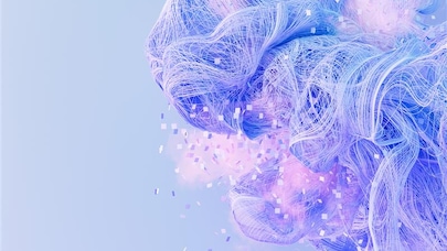 Abstract swirling pastel lines with floating confetti on a soft blue background.
