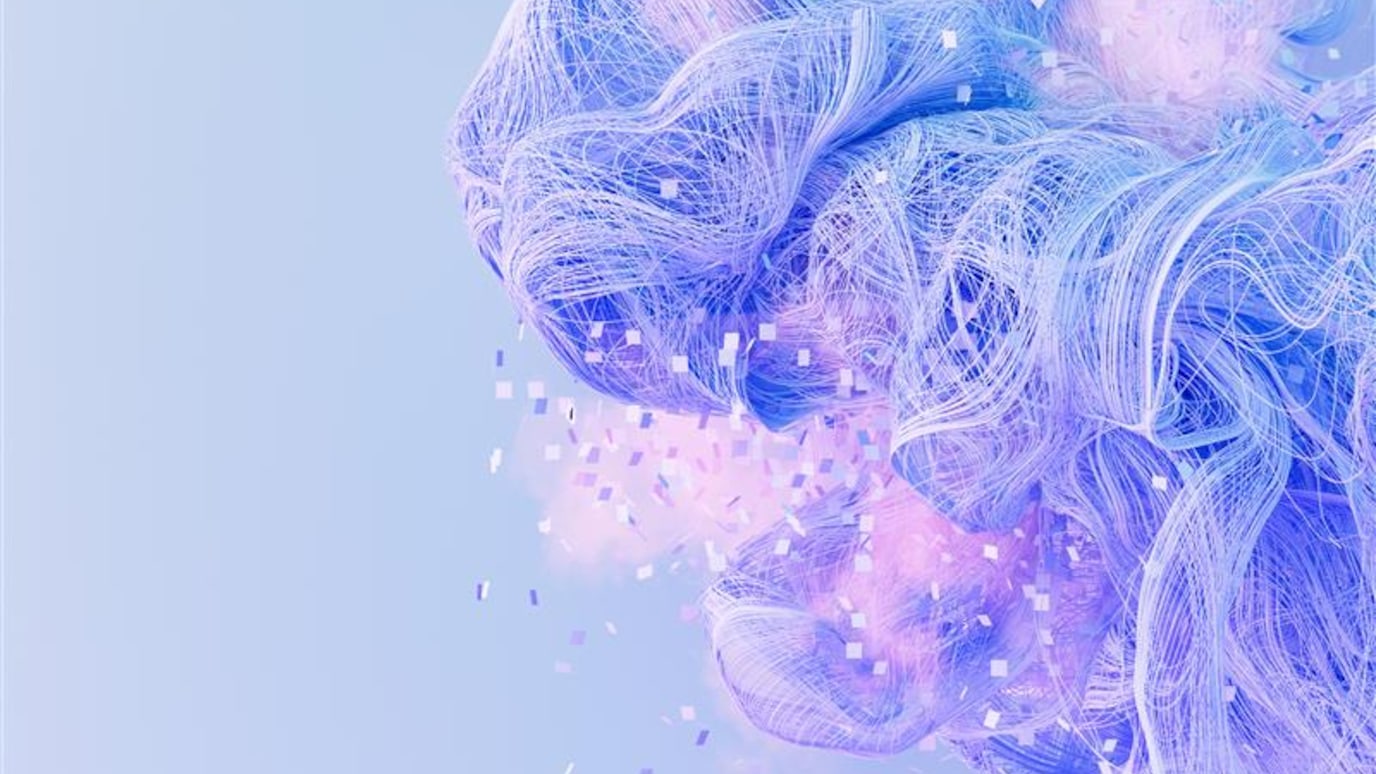 Abstract swirling pastel lines with floating confetti on a soft blue background.