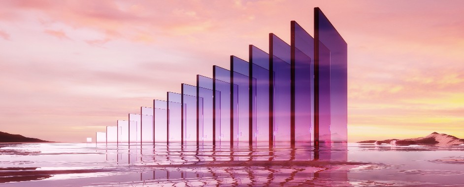 Glowing glass panels standing in water at sunset, creating reflective surfaces and a serene, futuristic landscape scene.