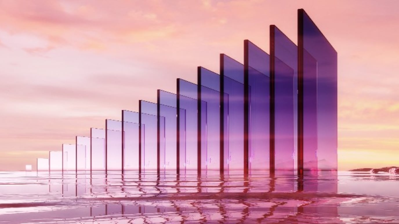 Glowing glass panels standing in water at sunset, creating reflective surfaces and a serene, futuristic landscape scene.
