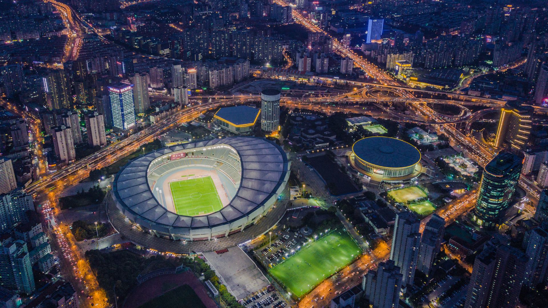 Aerial photo of soccer stadium at night