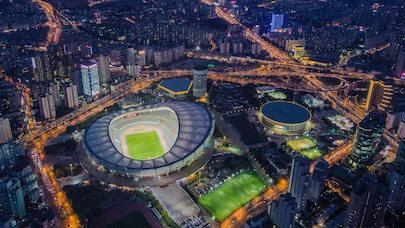 Aerial photo of soccer stadium at night
