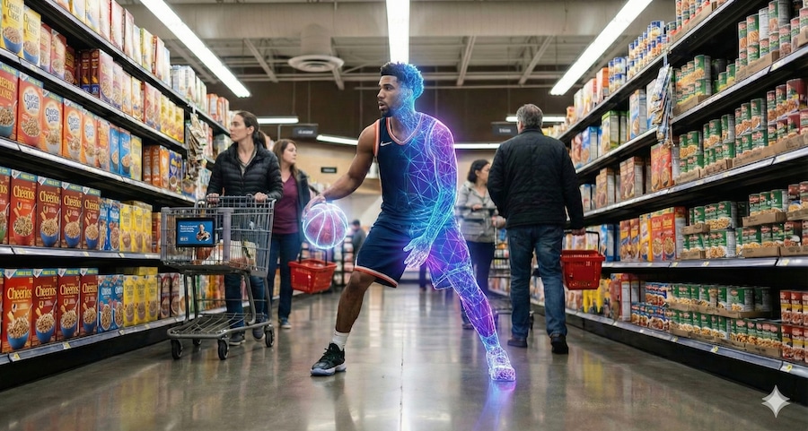Supermarket aisle where a basketball player represented with part mesh framework is dribbling as people pass with shopping carts