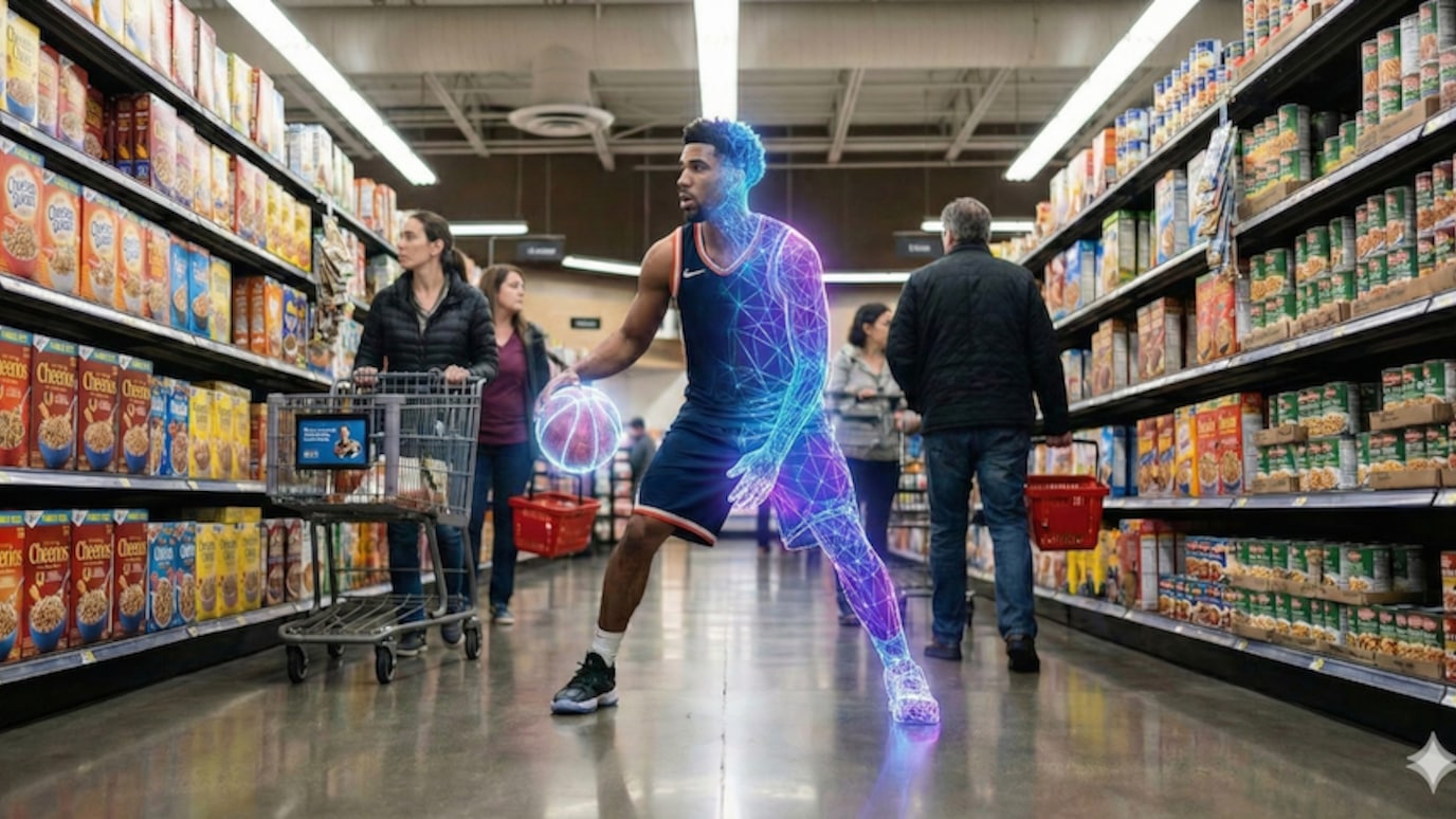 Supermarket aisle where a basketball player represented with part mesh framework is dribbling as people pass with shopping carts