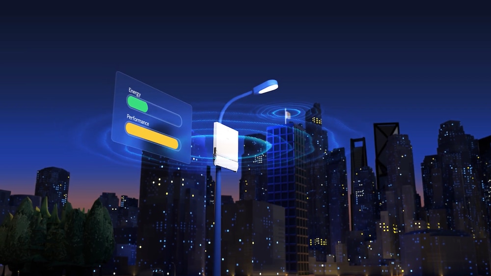 Evening city graphic with lamppost with a RAN device on it