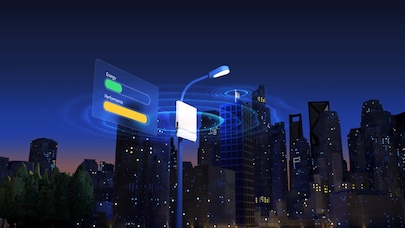 Evening city graphic with lamppost with a RAN device on it