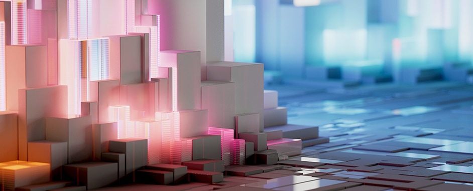 Abstract 3D geometric blocks with neon pink and blue lighting