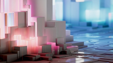 Abstract 3D geometric blocks with neon pink and blue lighting