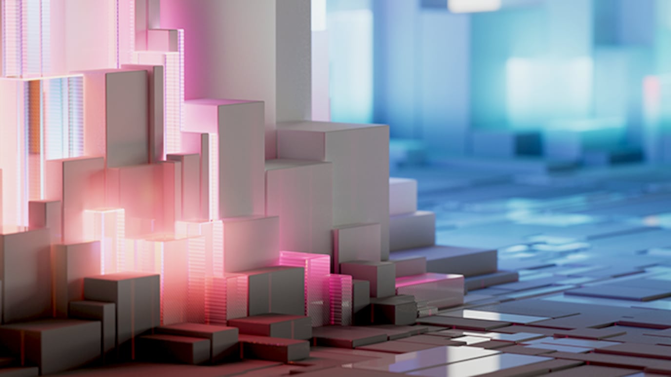 Abstract 3D geometric blocks with neon pink and blue lighting