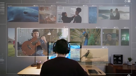 a boy wearing headphones looking at monitor