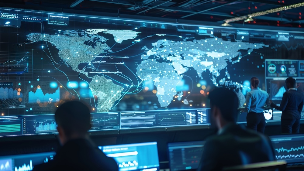 Global operations center with large digital world map, data visualizations, and analysts monitoring real-time network activity