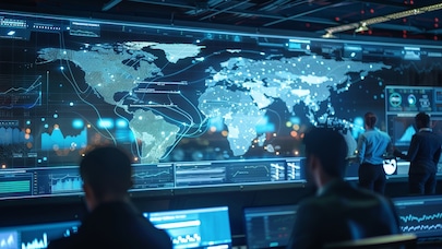Global operations center with large digital world map, data visualizations, and analysts monitoring real-time network activity